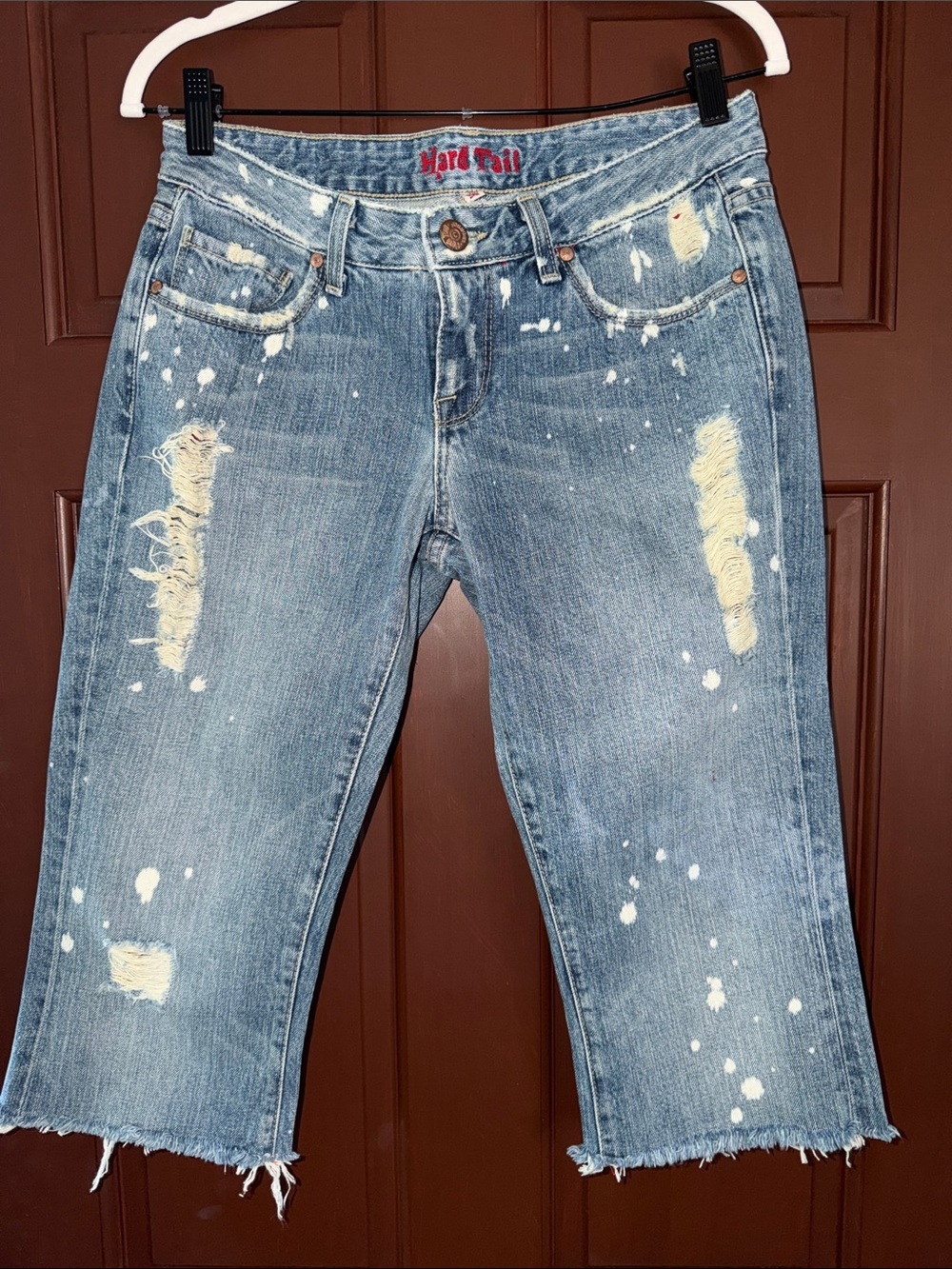 Hard Tail Light Blue Distressed Cropped Jeans with White Paint Splatter
